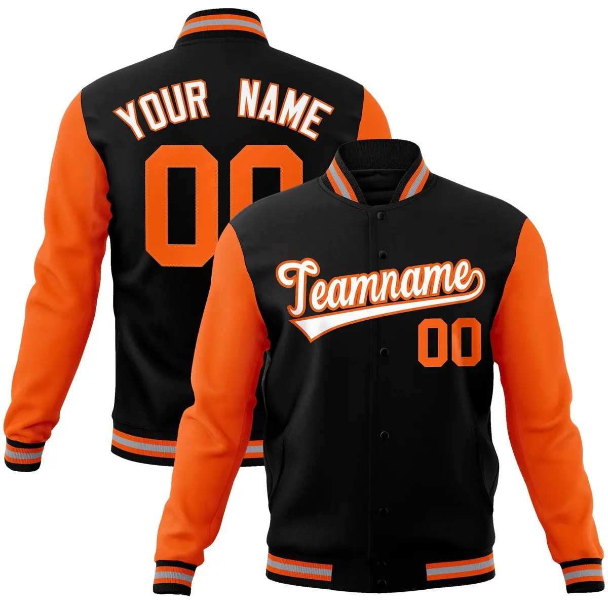Black White-Orange Raglan Varsity Full-Snap Letterman Jacket