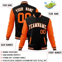 Black White-Orange Raglan Varsity Full-Snap Letterman Jacket 4