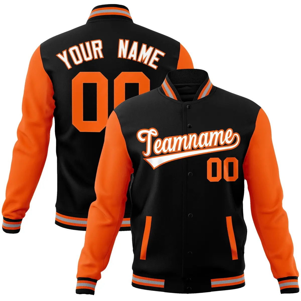 Black White-Orange Raglan Varsity Full-Snap Letterman Jacket