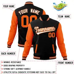 Black White-Orange Raglan Varsity Full-Snap Letterman Jacket 4