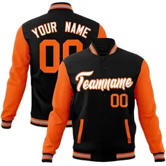 Black White-Orange Raglan Varsity Full-Snap Letterman Jacket