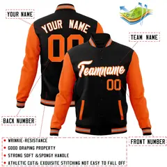 Black White-Orange Raglan Varsity Full-Snap Letterman Jacket 4