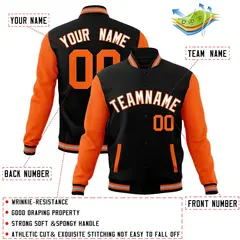 Black White-Orange Raglan Varsity Full-Snap Letterman Jacket 4