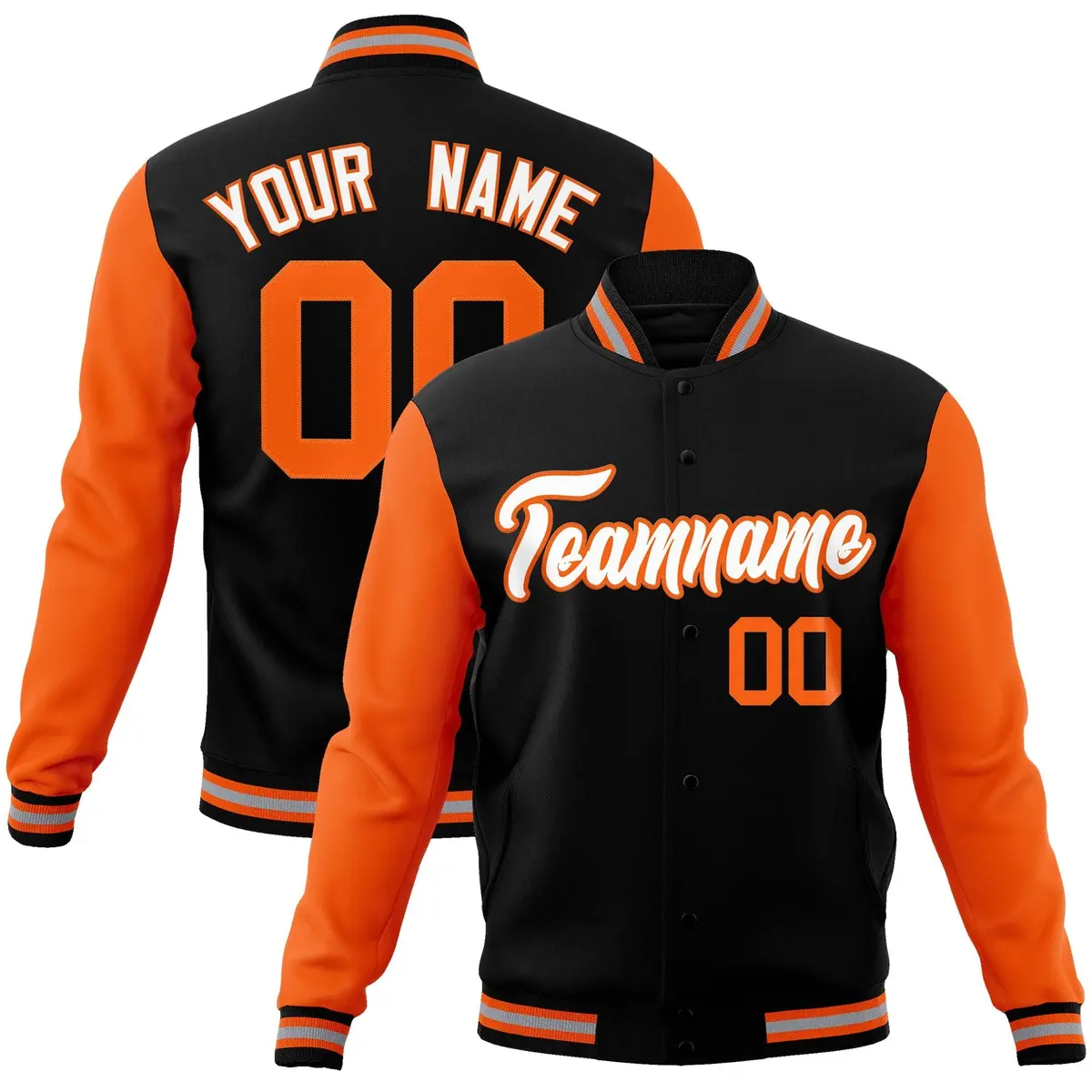 Black White-Orange Raglan Varsity Full-Snap Letterman Jacket