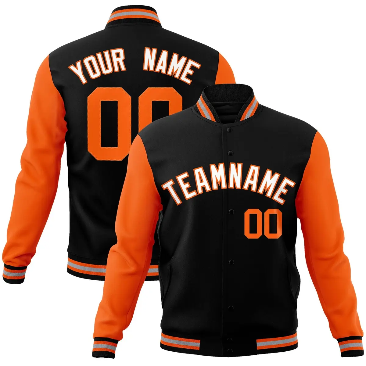 Black White-Orange Raglan Varsity Full-Snap Letterman Jacket