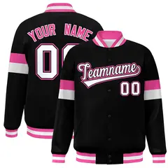 Black White-Pink Color Block Varsity Full-Snap Baseball Jacket 1