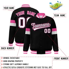Black White-Pink Color Block Varsity Full-Snap Baseball Jacket 2