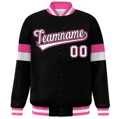 Black White-Pink Color Block Varsity Full-Snap Baseball Jacket 3