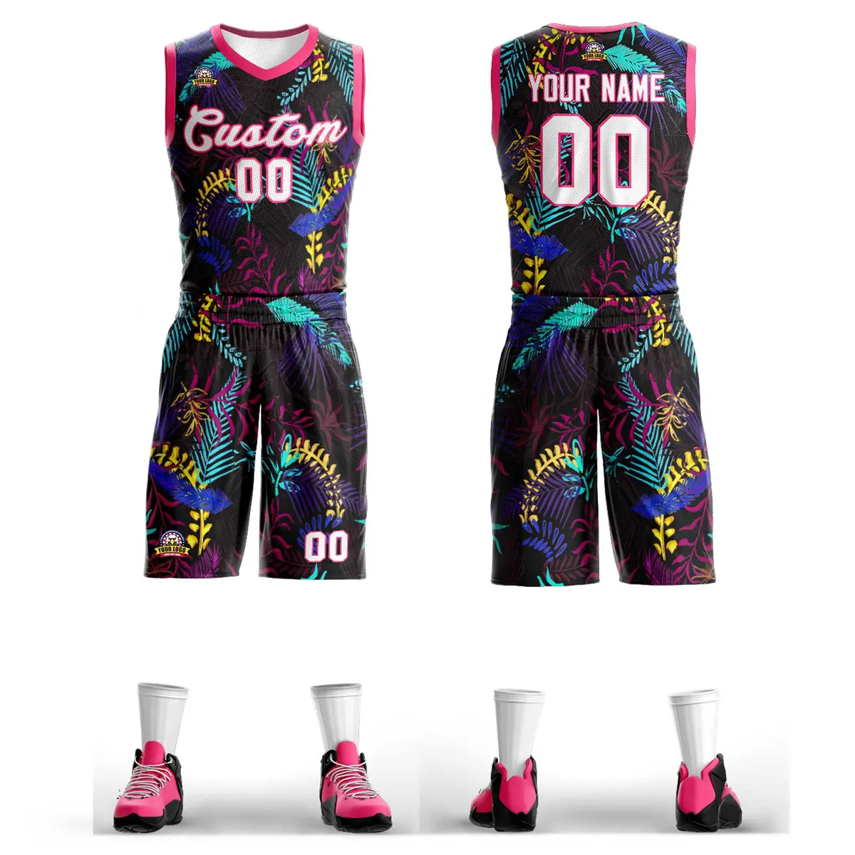 Black White-Pink Graffiti Pattern Mesh Basketball Jersey Sets