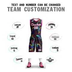 Black White-Pink Graffiti Pattern Mesh Basketball Jersey Sets 4