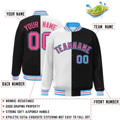 Black White-Pink Split Two Tone Letterman Varsity Full-Snap Jacket 2