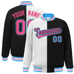 Black White-Pink Split Two Tone Letterman Varsity Full-Snap Jacket