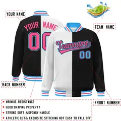 Black White-Pink Split Two Tone Letterman Varsity Full-Snap Jacket 2