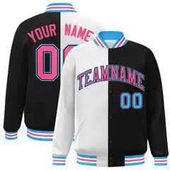 Black White-Pink Split Two Tone Letterman Varsity Full-Snap Jacket