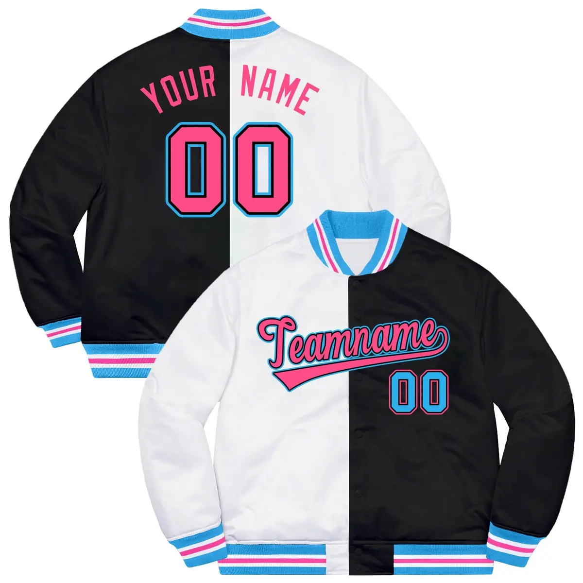Black White-Pink Split Two Tone Letterman Varsity Jacket