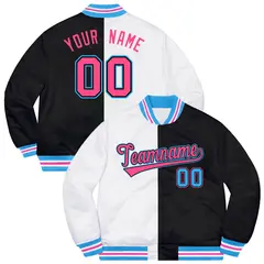 Black White-Pink Split Two Tone Letterman Varsity Jacket