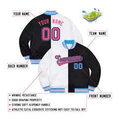 Black White-Pink Split Two Tone Letterman Varsity Jacket 2