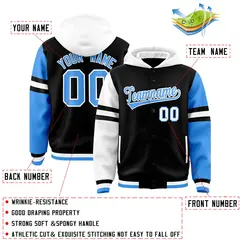 Black White-Powder Blue Raglan Full-Snap Three Stripes Letterman Jacket Hoodie 4