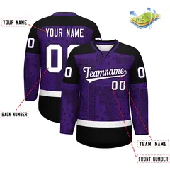 Black White Purple Cashew Flower Graffiti V-Neck Hockey Jersey 2