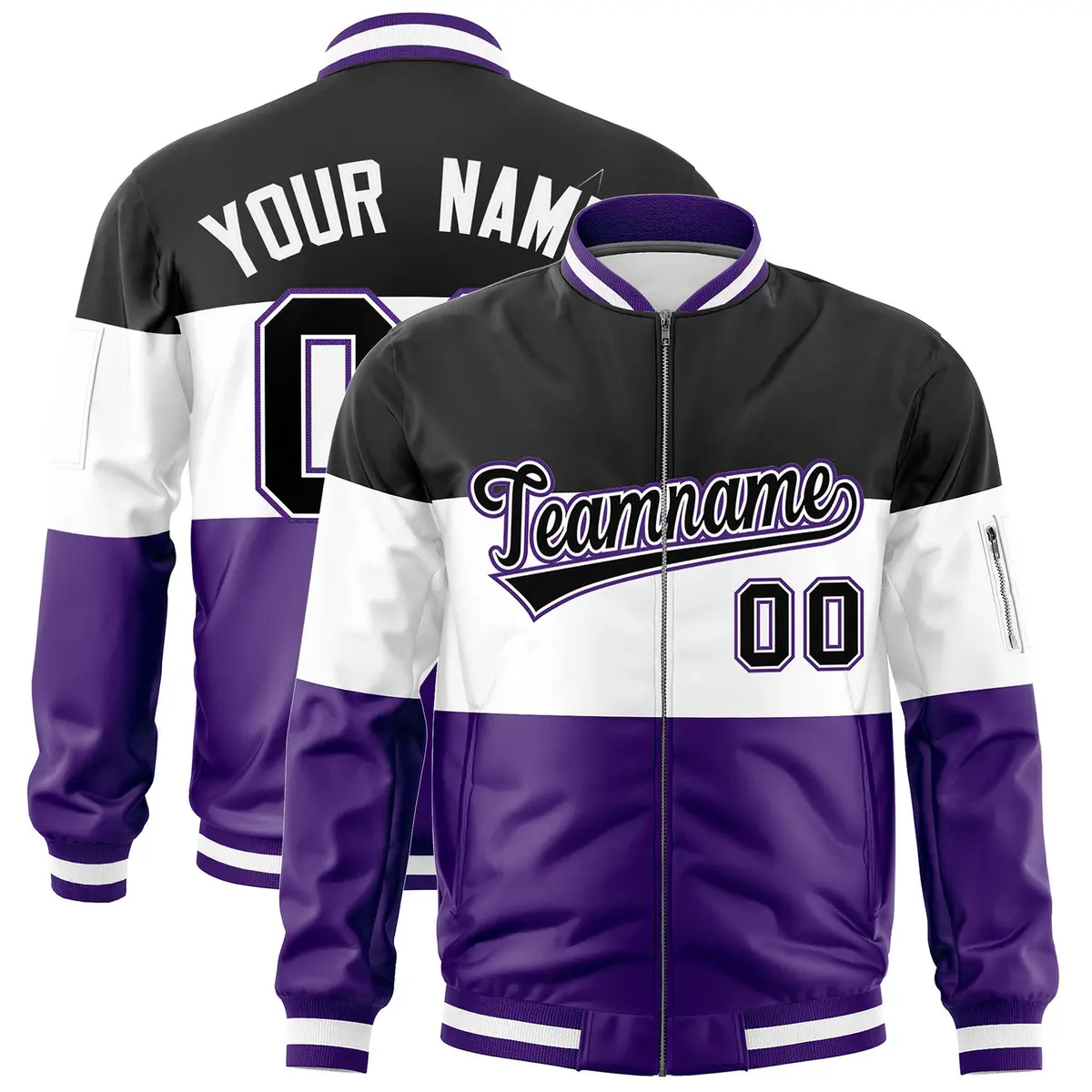 Black White-Purple Color Block Varsity Letterman Bomber Jacket