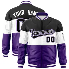 Black White-Purple Color Block Varsity Letterman Bomber Jacket 1