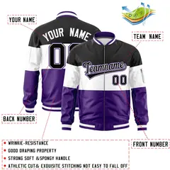 Black White-Purple Color Block Varsity Letterman Bomber Jacket 2