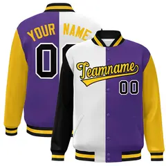 Black White Purple-Gold Color Block Varsity Bomber Jacket