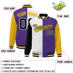 Black White Purple-Gold Color Block Varsity Bomber Jacket 2