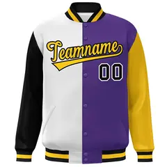 Black White Purple-Gold Color Block Varsity Bomber Jacket 3