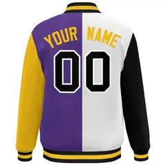 Black White Purple-Gold Color Block Varsity Bomber Jacket 4