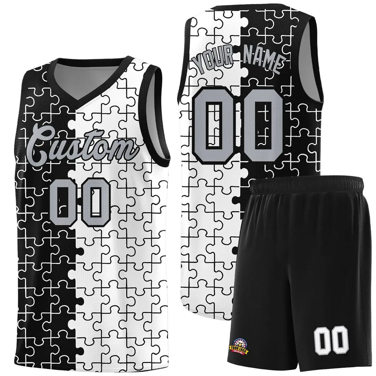 Black White Puzzle Pattern Splid Basketball Kits