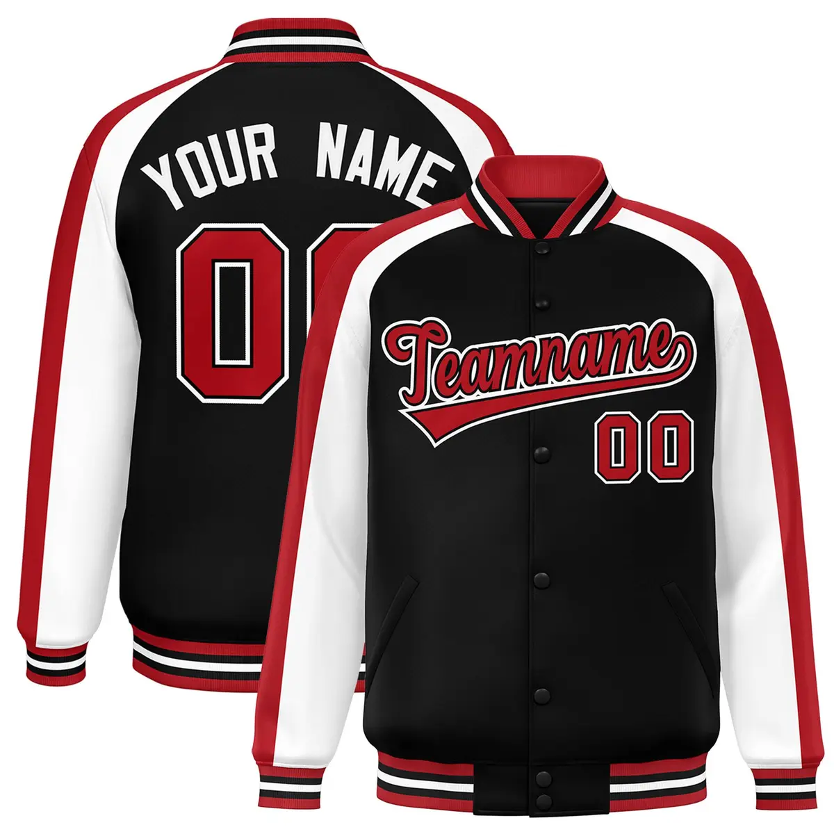 Black White Raglan Color Block Varsity Full-Snap Letterman Jacket