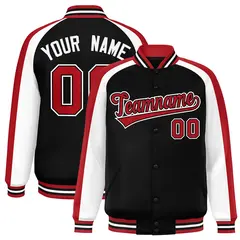 Black White Raglan Color Block Varsity Full-Snap Letterman Jacket