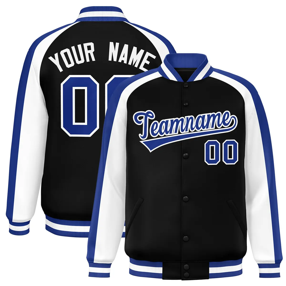 Black White Raglan Color Block Varsity Full-Snap Letterman Jacket