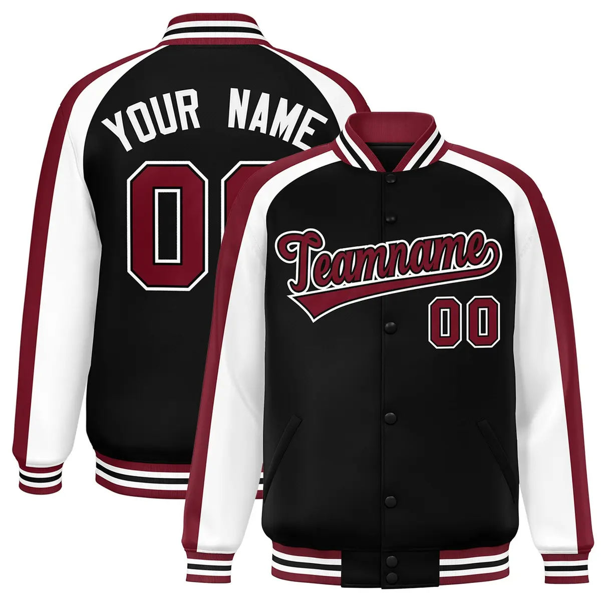 Black White Raglan Color Block Varsity Full-Snap Letterman Jacket