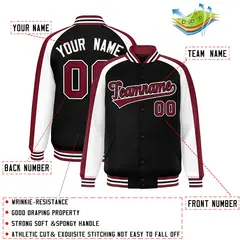 Black White Raglan Color Block Varsity Full-Snap Letterman Jacket 2