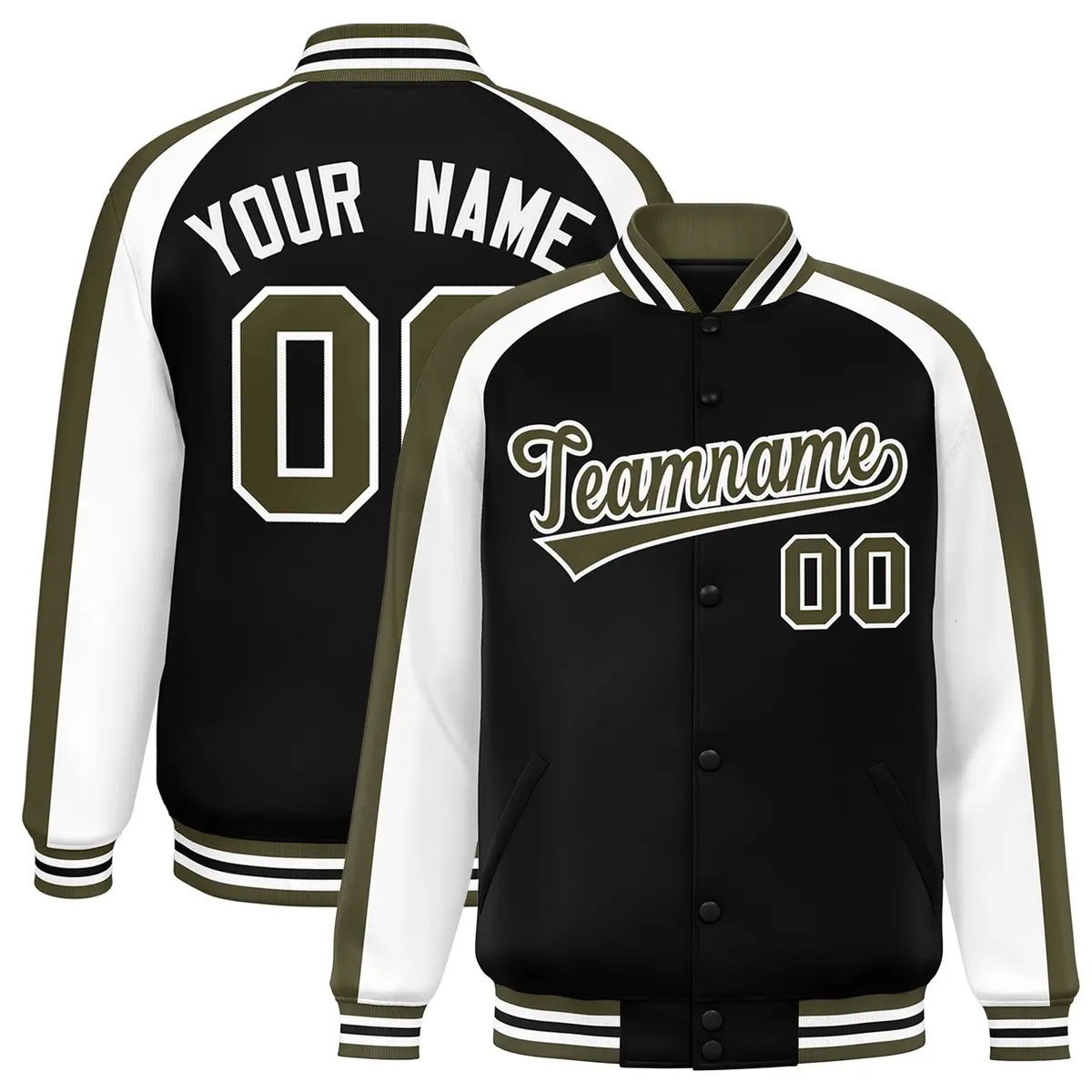 Black White Raglan Color Block Varsity Full-Snap Letterman Jacket