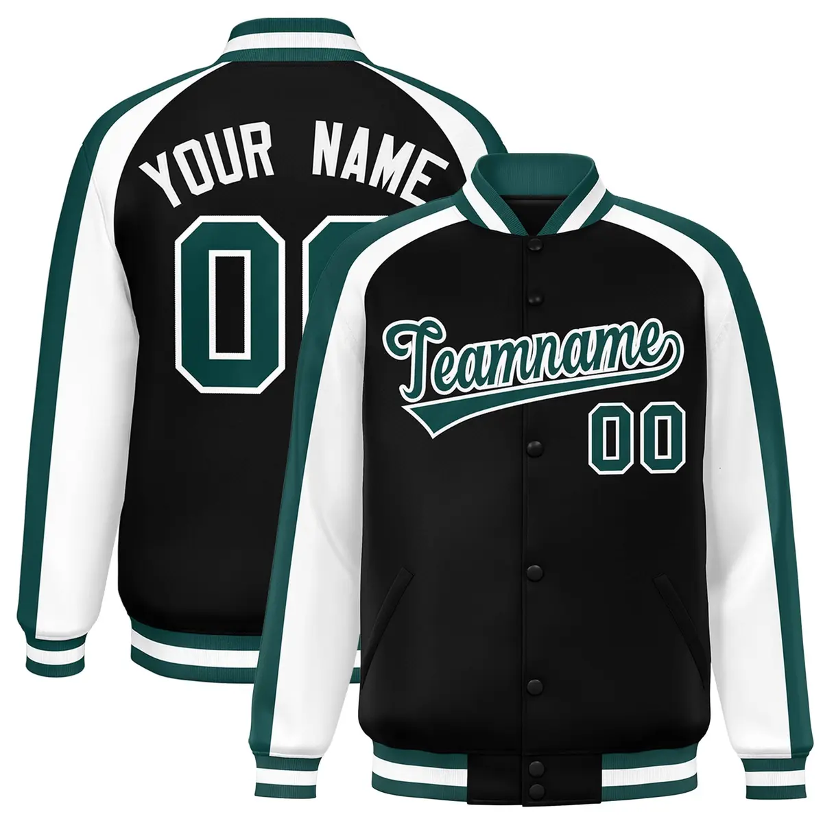 Black White Raglan Color Block Varsity Full-Snap Letterman Jacket