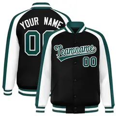 Black White Raglan Color Block Varsity Full-Snap Letterman Jacket 1