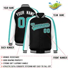 Black White Raglan Color Block Varsity Full-Snap Letterman Jacket 2
