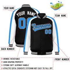Black White Raglan Color Block Varsity Full-Snap Letterman Jacket 2