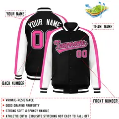 Black White Raglan Color Block Varsity Full-Snap Letterman Jacket 2