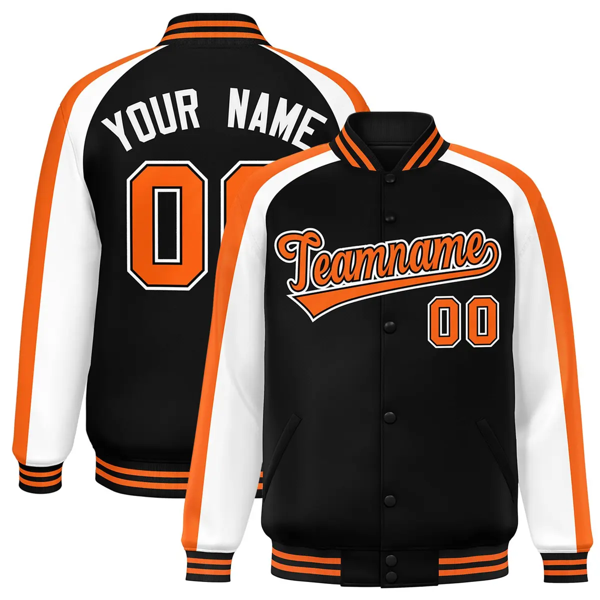 Black White Raglan Color Block Varsity Full-Snap Letterman Jacket