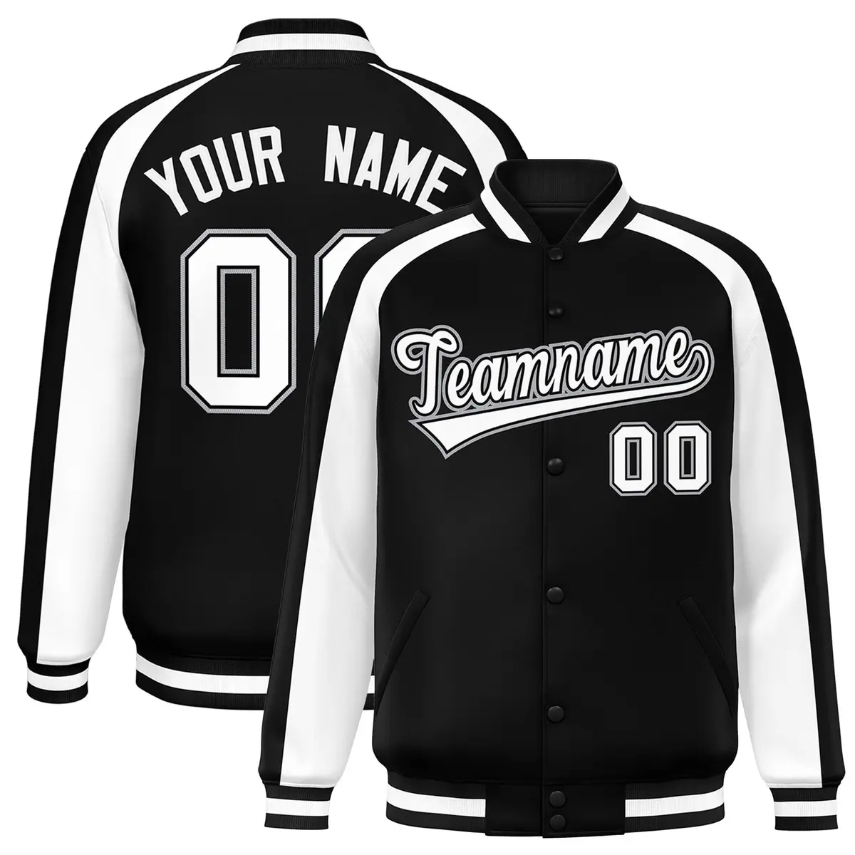 Black White Raglan Color Block Varsity Full-Snap Letterman Jacket