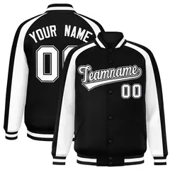 Black White Raglan Color Block Varsity Full-Snap Letterman Jacket 1