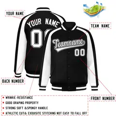 Black White Raglan Color Block Varsity Full-Snap Letterman Jacket 2