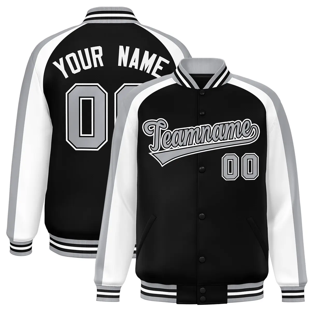 Black White Raglan Color Block Varsity Full-Snap Letterman Jacket