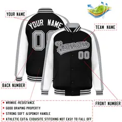 Black White Raglan Color Block Varsity Full-Snap Letterman Jacket 2