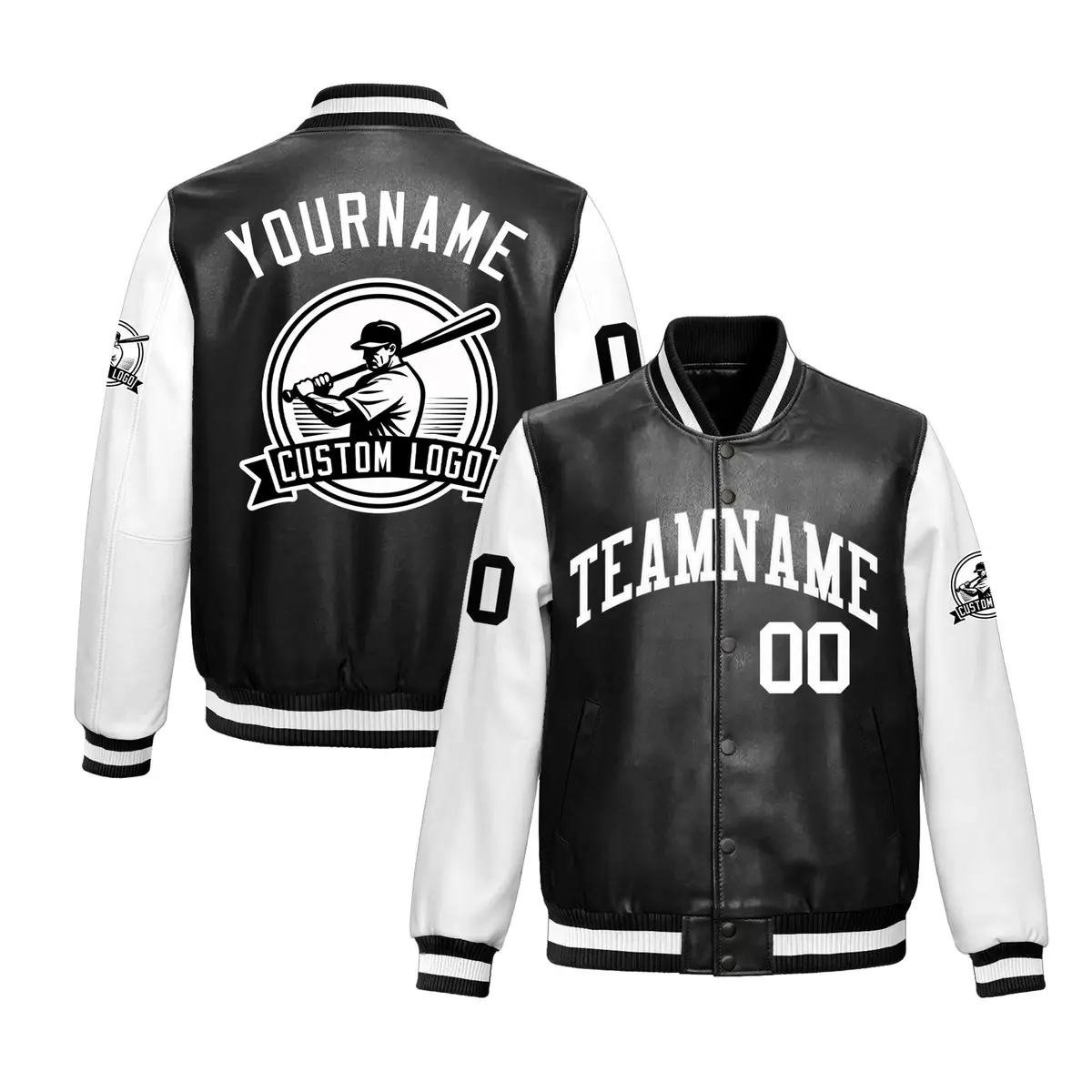 Black White Raglan Full-Snap Faux Leather Letterman Jacket