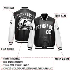 Black White Raglan Full-Snap Faux Leather Letterman Jacket 2